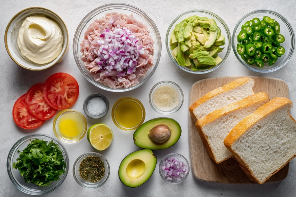 ingredients for joe the juice tuna sandwich copycat recipe arranged overhead