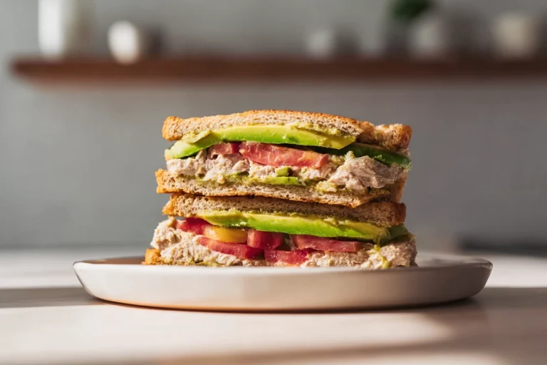 joe the juice tuna sandwich served on toasted sourdough with avocado and pesto