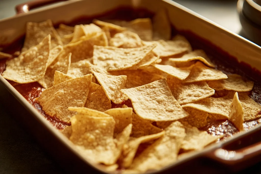 tortilla chip enchiladas layered with chips over sauce