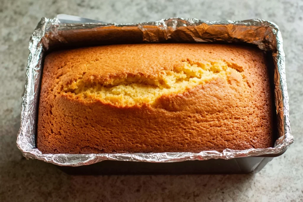 Baked lemon loaf in pan showing golden top and crack