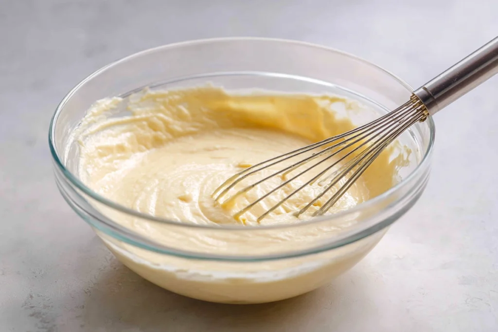 Lemon loaf batter mixed smooth in a glass bowl