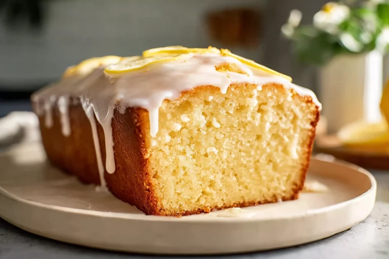 Moist homemade lemon loaf with thick lemon glaze on a plate