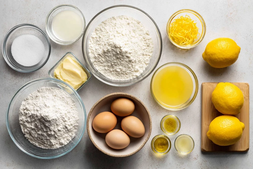 Ingredients for lemon loaf measured and arranged overhead