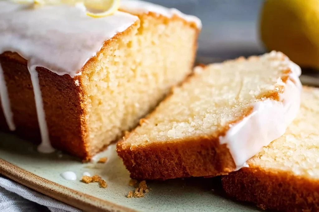 Sliced lemon loaf showing moist crumb and glaze