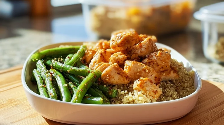 meal prep baked lime chicken bowls served with quinoa and green beans