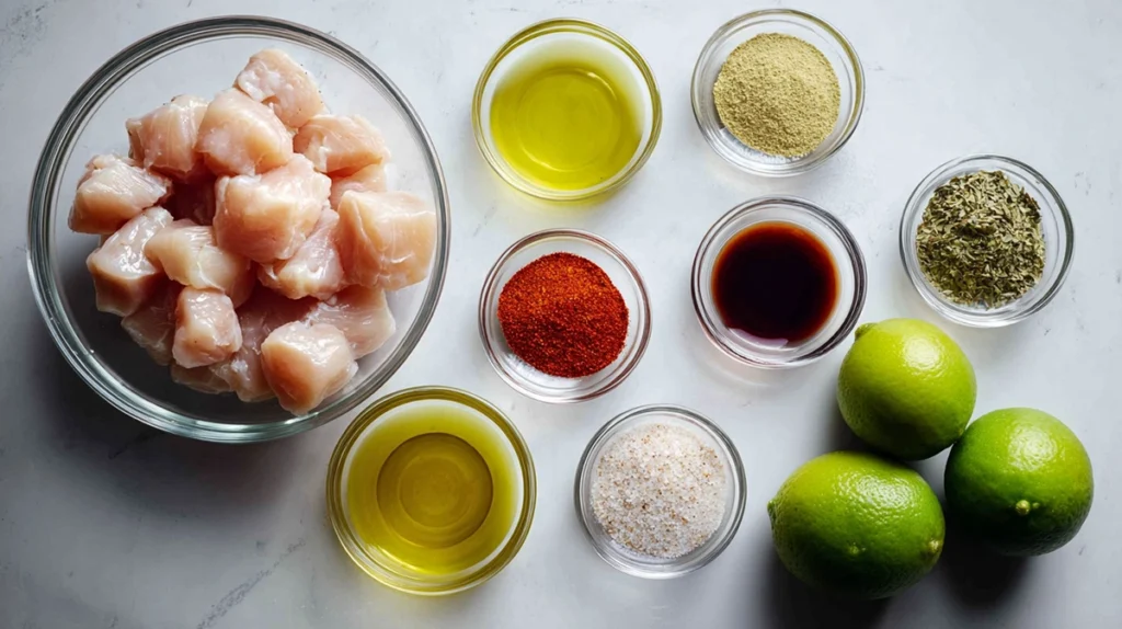 ingredients for meal prep baked lime chicken bowls arranged overhead