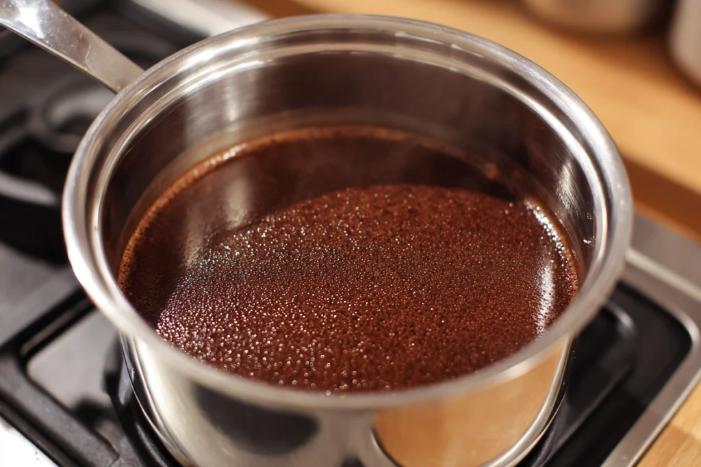 Melted chocolate and butter for Mexican brownies in saucepan