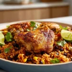 Mexican chicken and rice served fresh on a modern plate in a cozy home kitchen