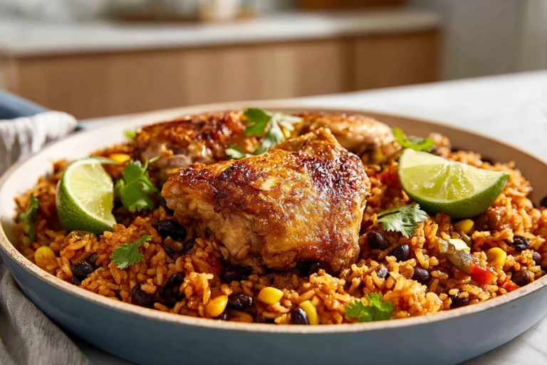 Mexican chicken and rice served fresh on a modern plate in a cozy home kitchen