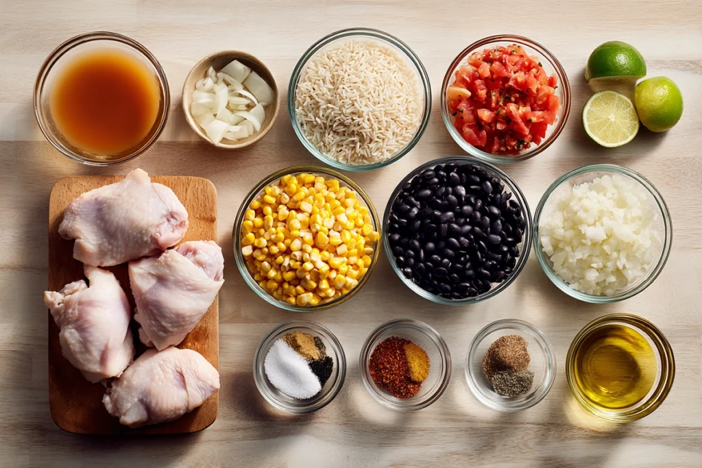 Ingredients for Mexican chicken and rice arranged neatly on a kitchen counter