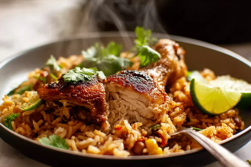 Mexican chicken and rice served warm with steam rising in a home kitchen