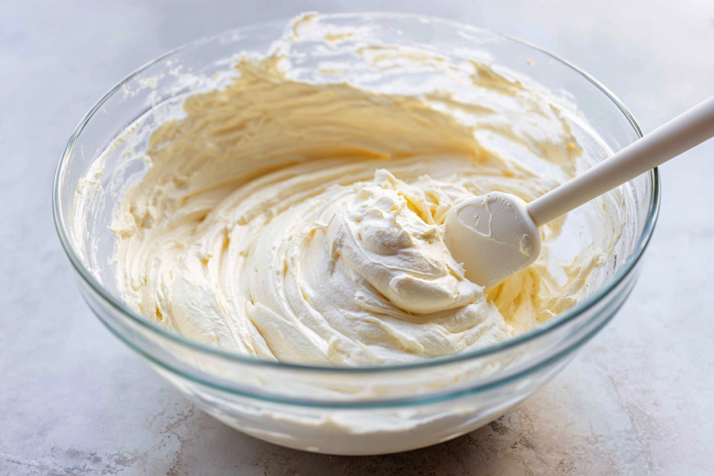creamy cheesecake mixture being folded for berry cheesecake salad