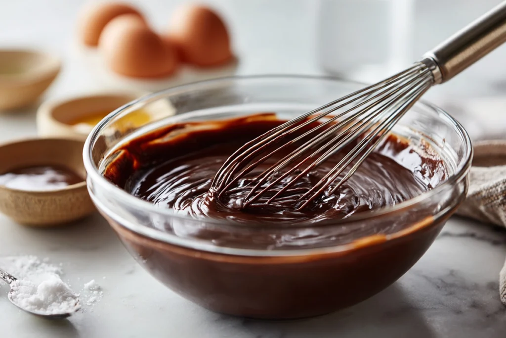chocolate cake batter being mixed for s’mores cake