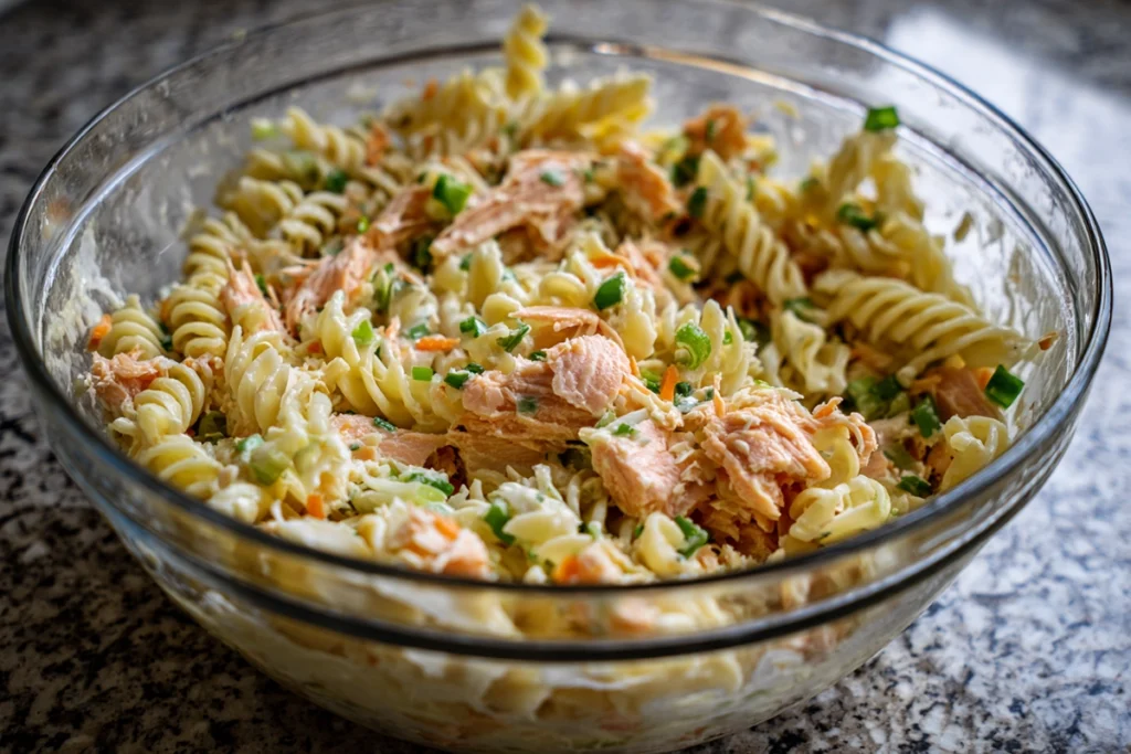 folding smoked salmon into pasta salad recipe
