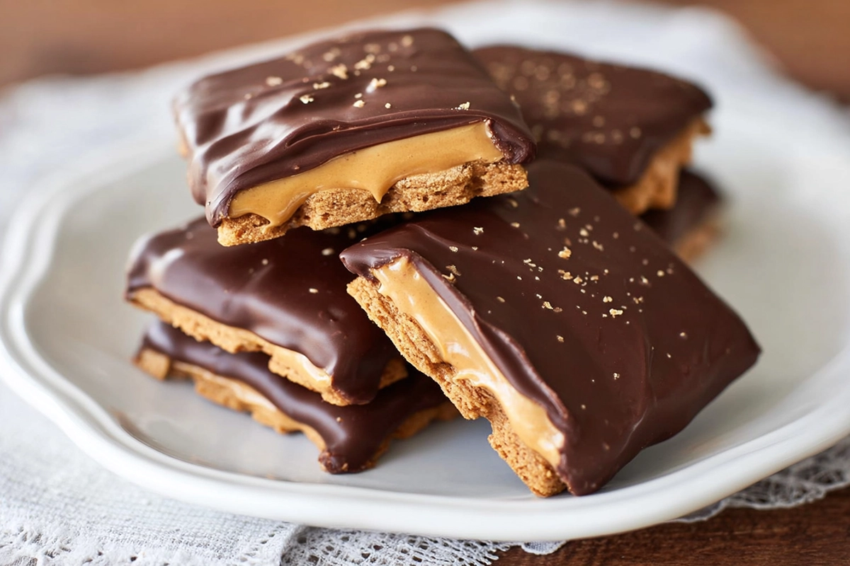 Freshly plated no bake buckeye graham crackers stacked on a modern white plate