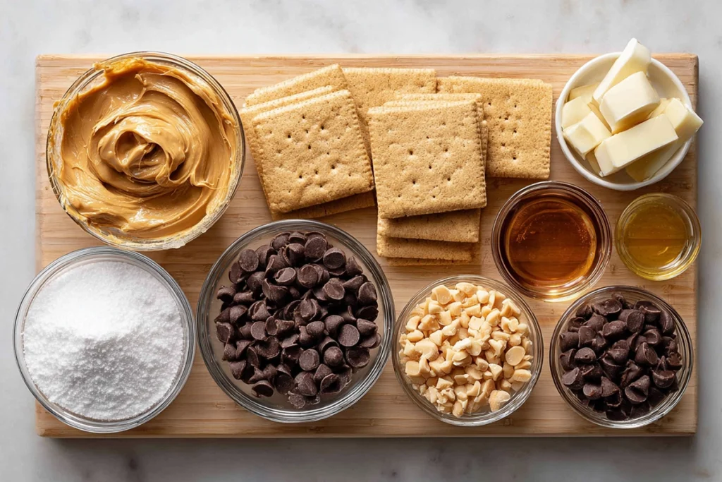 Overhead view of ingredients for no bake buckeye graham crackers neatly arranged in bowls and on boards