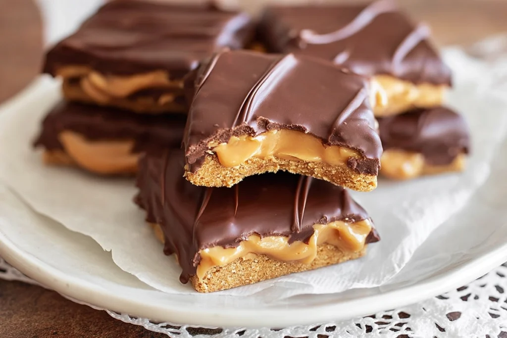 No bake buckeye graham crackers on a plate with one piece partially removed showing peanut butter layer