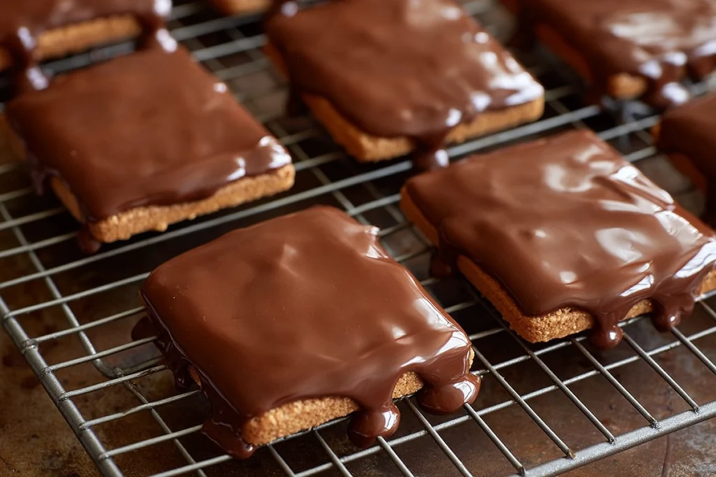 No bake buckeye graham crackers being dipped in smooth melted chocolate