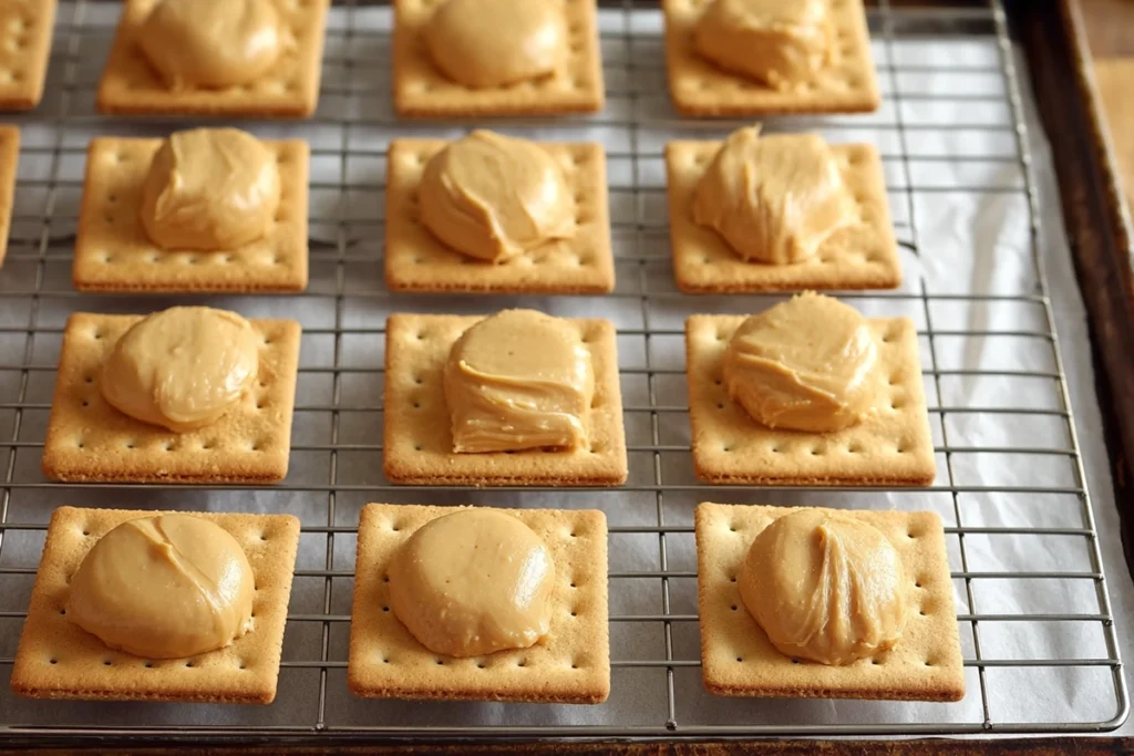 Peanut butter spread evenly on graham crackers for no bake buckeye graham crackers