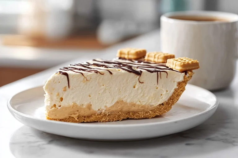 Slice of nutter butter pie with creamy peanut butter filling and cookie crust