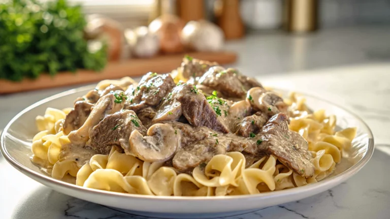 Old fashioned beef stroganoff served creamy and warm on a ceramic plate