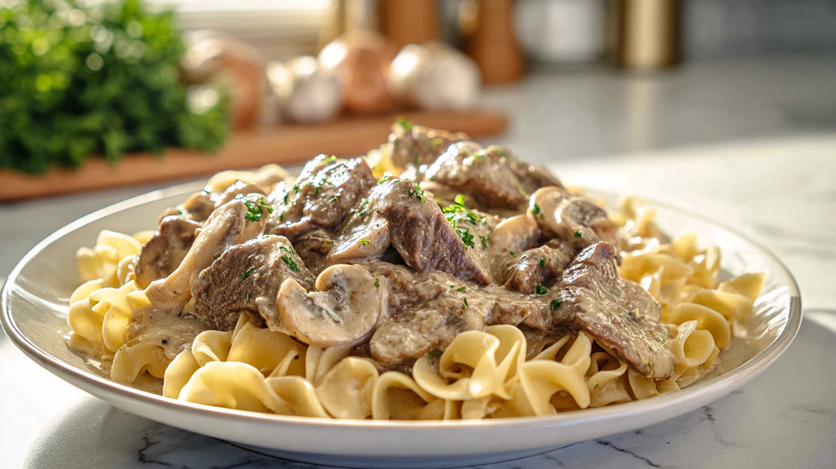 Old fashioned beef stroganoff served creamy and warm on a ceramic plate