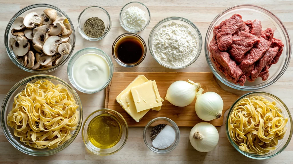 Ingredients for old fashioned beef stroganoff arranged on a kitchen counter