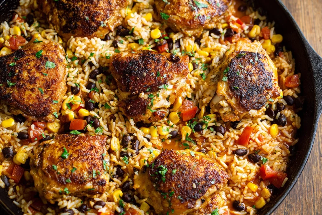 Mexican chicken and rice simmering in one pan before baking