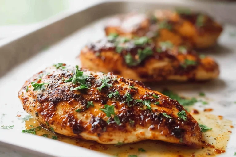 Oven Baked Chicken Breast with golden caramelized crust garnished with parsley in a modern kitchen