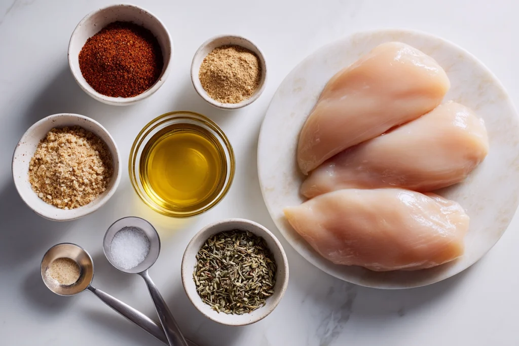 Ingredients for Oven Baked Chicken Breast arranged overhead on marble countertop
