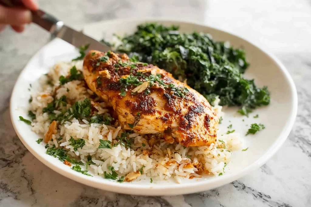 ven Baked Chicken Breast served with garlic butter rice and sautéed kale