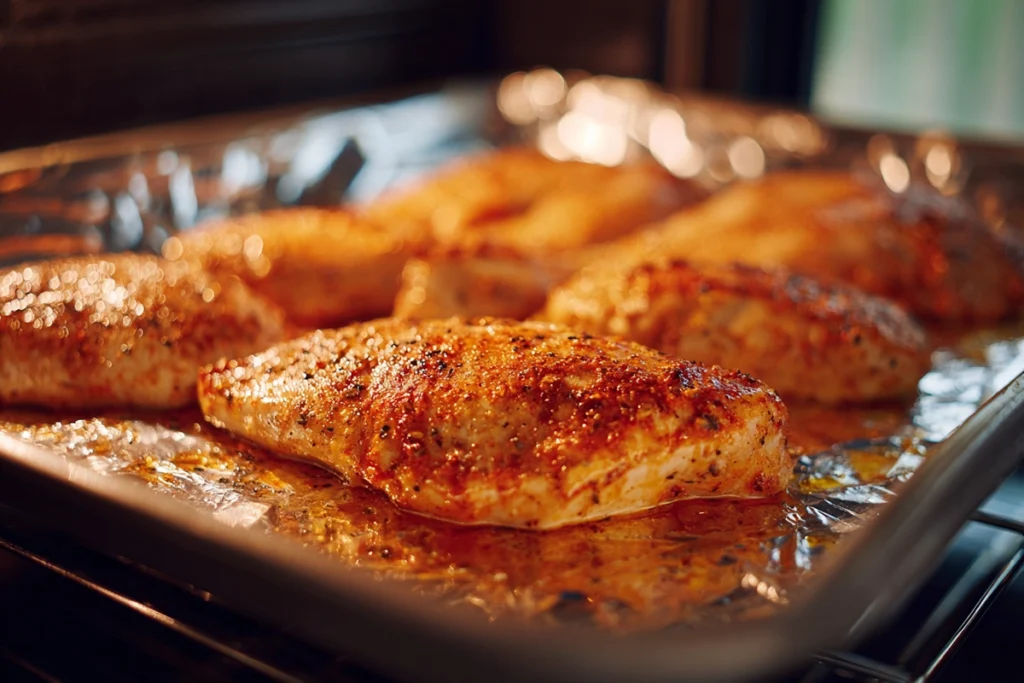 Chicken breasts baking in oven with golden caramelized edges and glaze forming