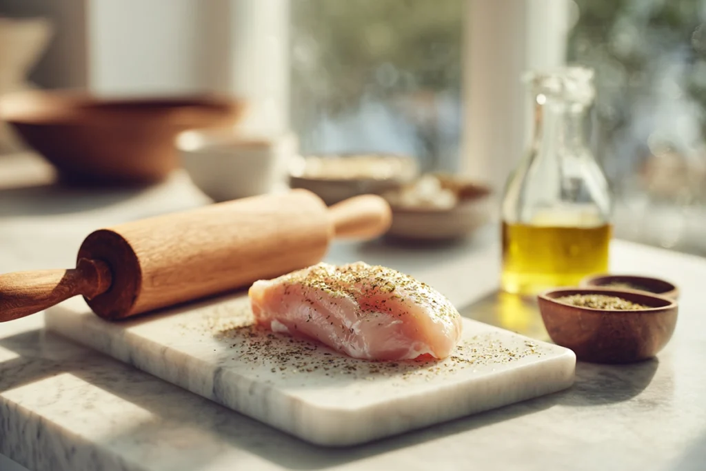 Chicken breast being pounded and seasoned with olive oil and spice mix