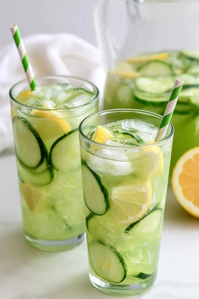 Cucumber Lemonade with Honey for Hot Summer Days 9 Overhead cucumber lemonade pitcher with ice, cucumber rounds, and fresh lemon slices