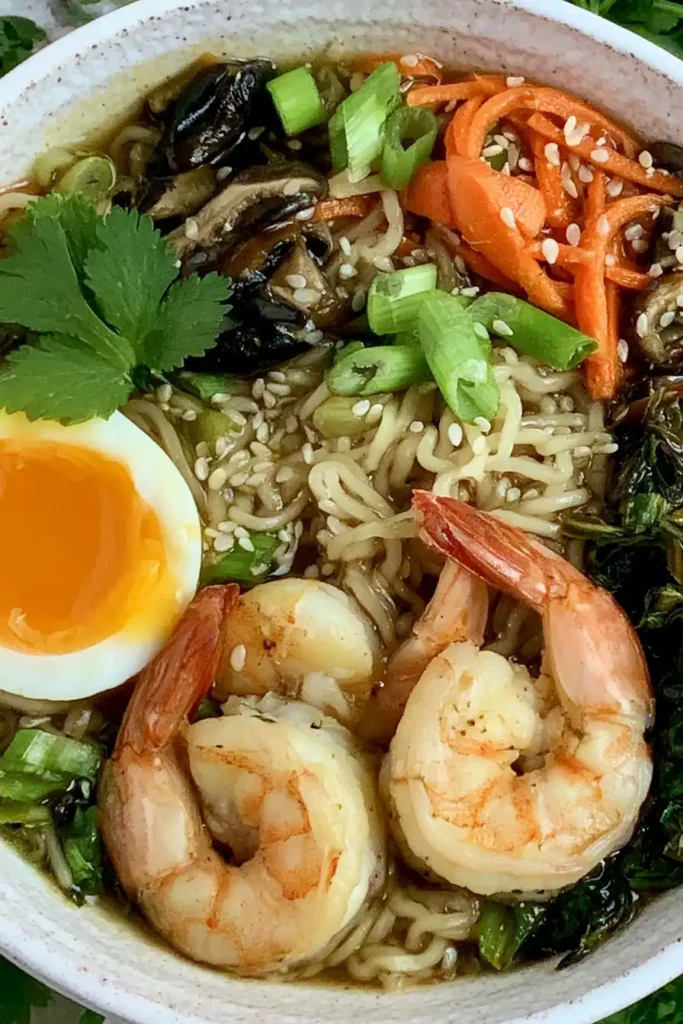 Seafood Ramen with Shrimp and Vegetables in 20 Minutes 4 Overhead Seafood Ramen with Shrimp, Egg, Mushrooms, Bok Choy, and Carrots
