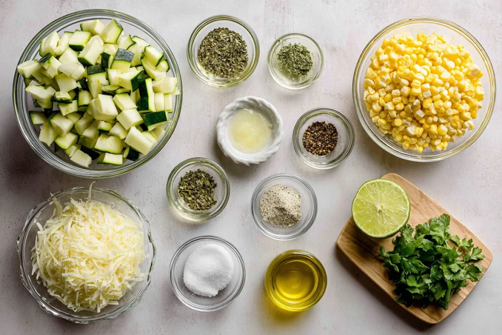 Ingredients for parmesan zucchini and corn arranged overhead