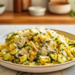 Parmesan zucchini and corn served warm on a ceramic plate