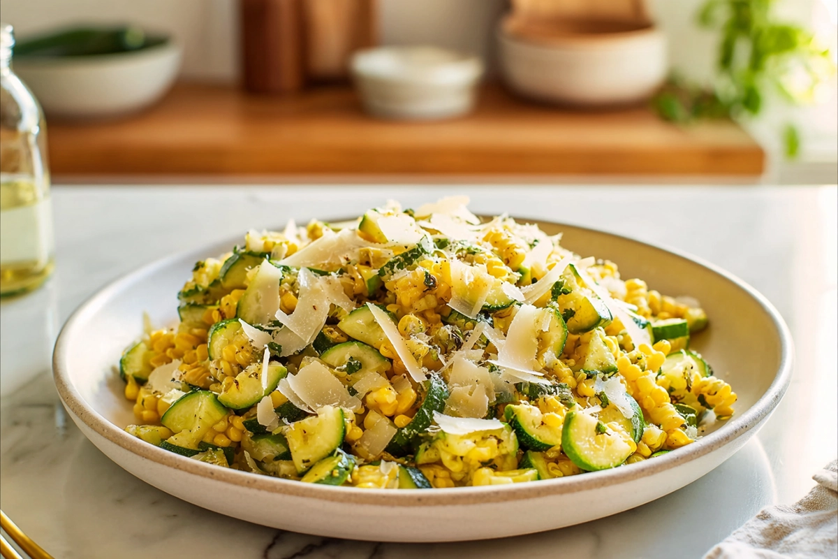 Parmesan zucchini and corn served warm on a ceramic plate