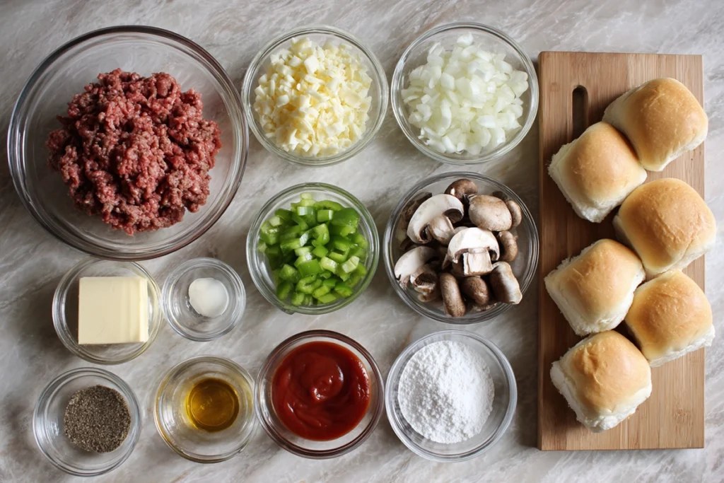 Ingredients for Philly cheese steak sloppy joes arranged overhead