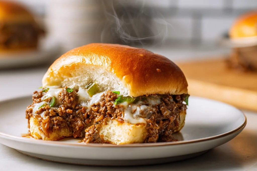 Philly cheese steak sloppy joes ready to eat, warm and cheesy