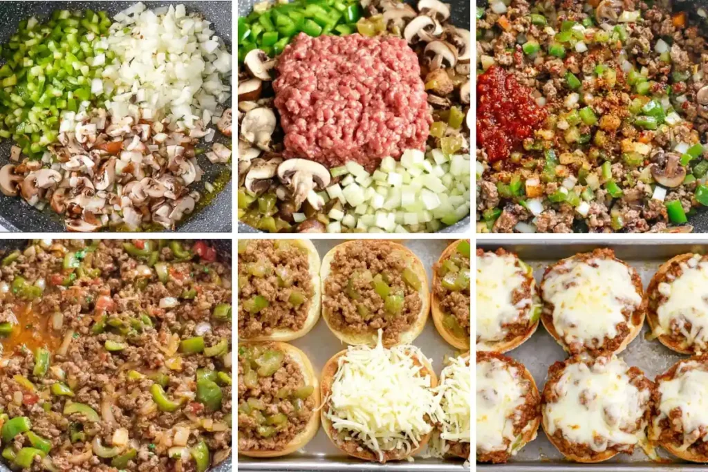 Step by step philly cheese steak sloppy joes with beef peppers mushrooms and melted cheese