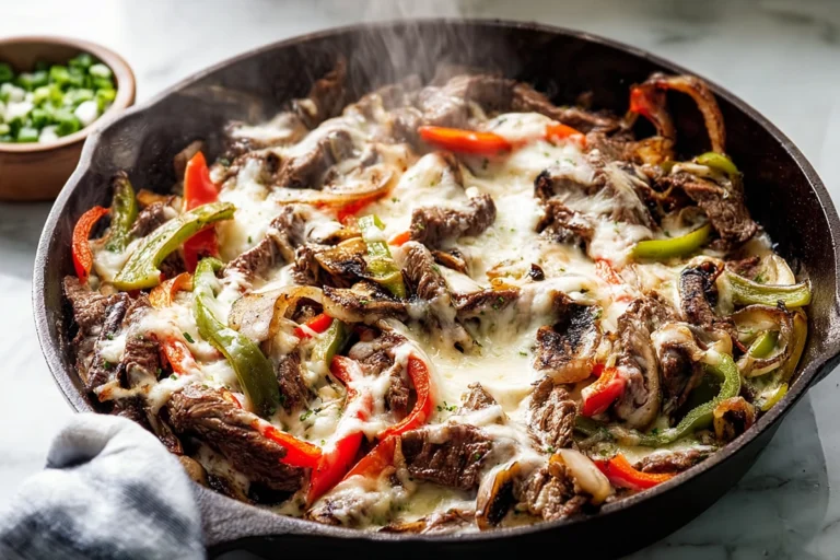 Philly cheesesteak skillet with melted cheese, steak, peppers, and onions in a cast iron pan