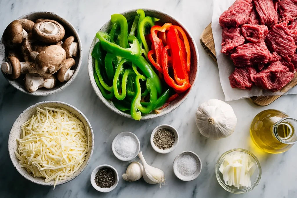 Ingredients for Philly cheesesteak skillet arranged on a marble countertop