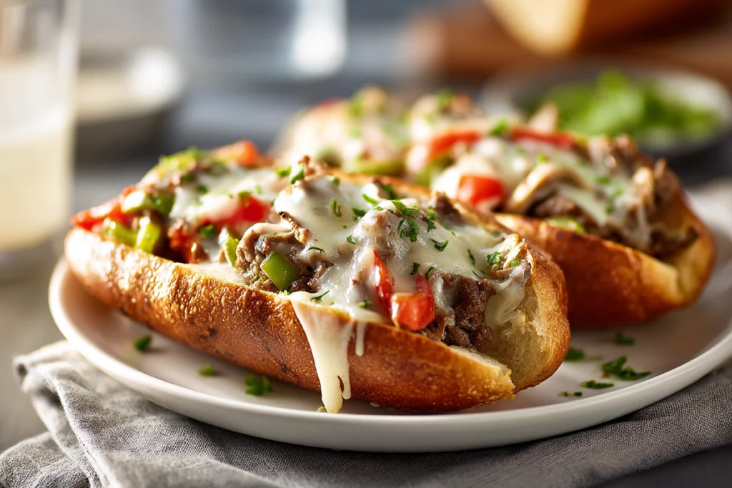 Philly cheesesteak skillet served in toasted hoagie rolls