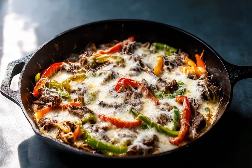 Melted cheese bubbling on Philly cheesesteak skillet under broiler