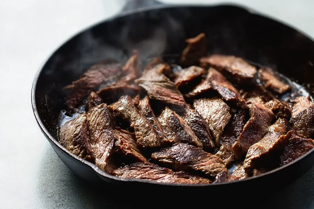 Thinly sliced steak searing in a hot skillet for Philly cheesesteak skillet
