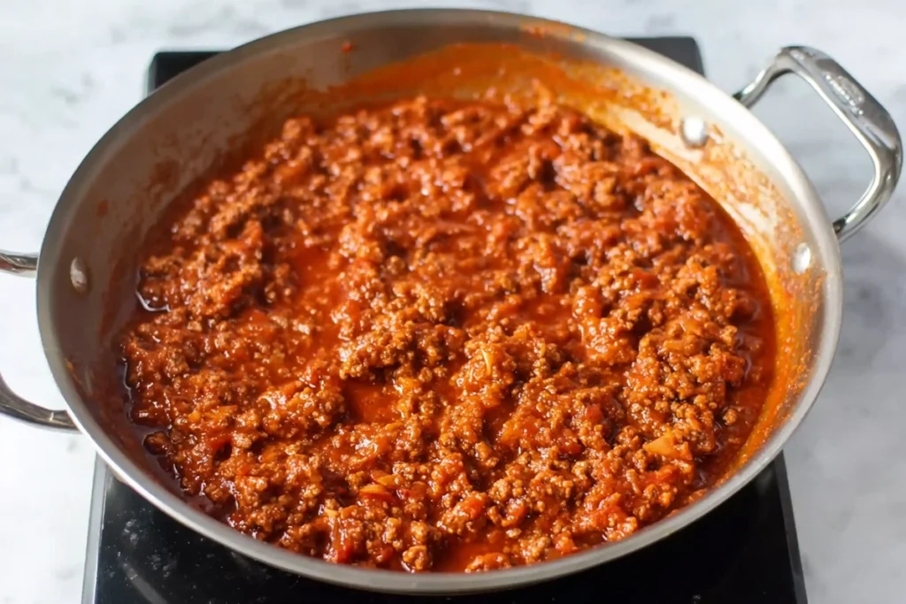 Pizza burger filling simmering in a skillet for homemade pizza burgers