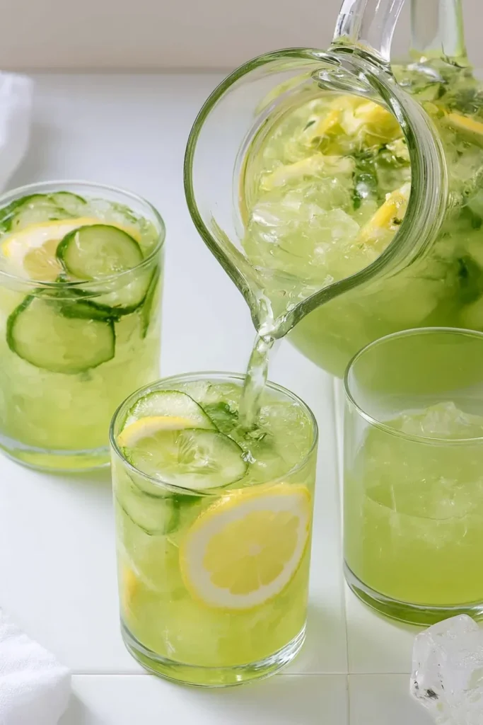 Cucumber Lemonade with Honey for Hot Summer Days 8 Cucumber lemonade pouring into a glass garnished with cucumber, lemon, and ice