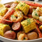 Red crab seafood boil plated with crab legs shrimp corn potatoes and garlic butter sauce