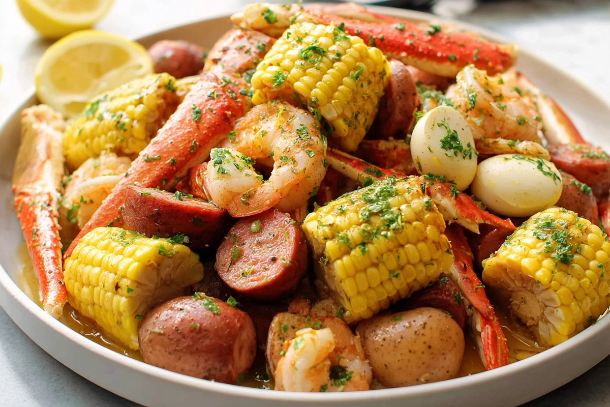 Red crab seafood boil plated with crab legs shrimp corn potatoes and garlic butter sauce